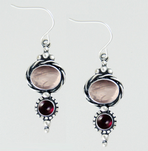 Sterling Silver Round Under Oval Gemstone Stud Drop Dangle Earrings With Rose Quartz And Garnets